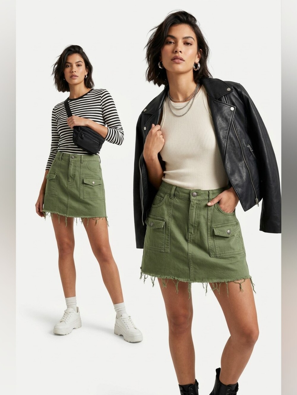 aerie Olive Green Utility Denim-Style Mini Skirt - Picture 2 of 9